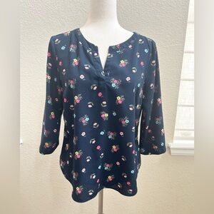 Christopher& Banks Navy Floral Split-Neck Women's Blouse M